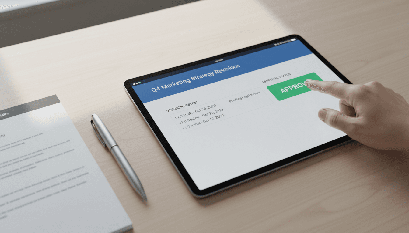 Policy approval interface on tablet with hand ready to approve document