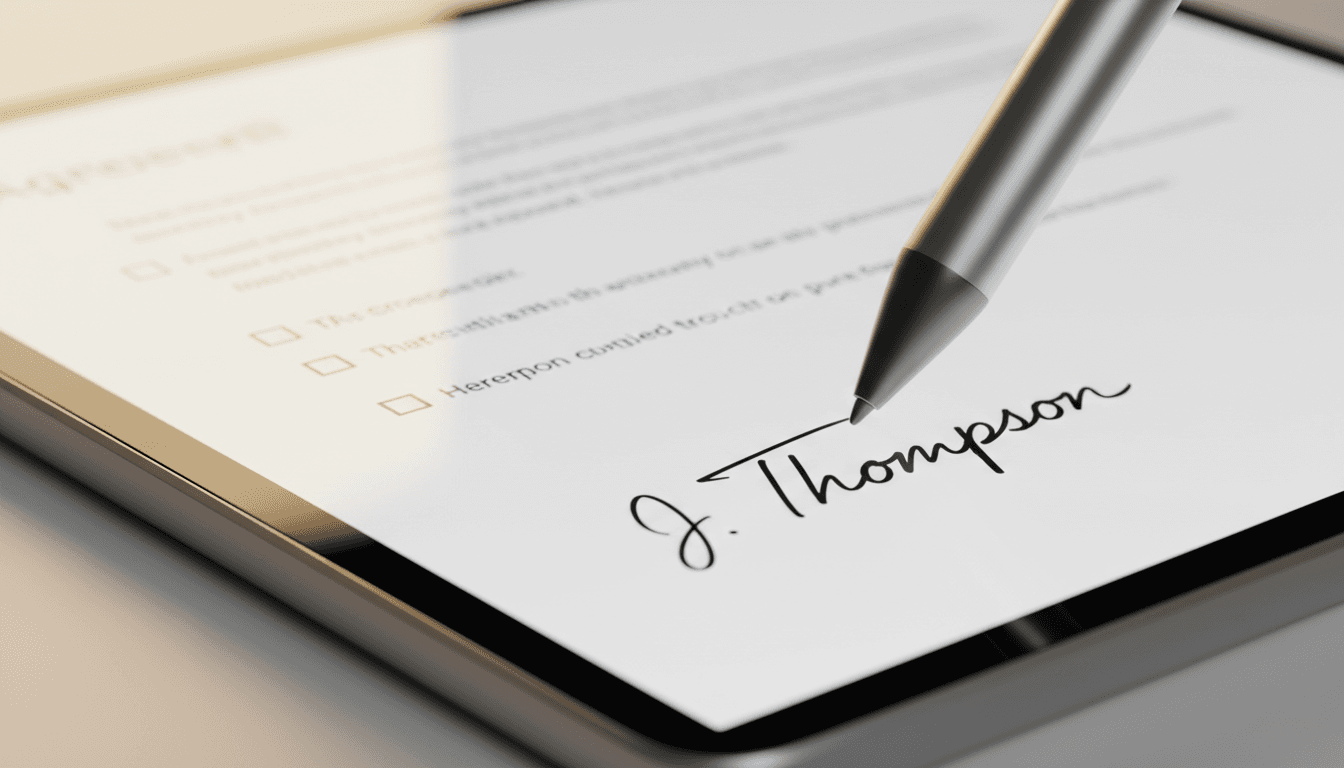 Electronic signature being applied to policy document on tablet