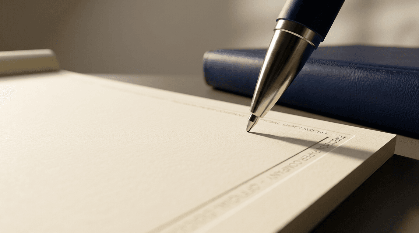 Hands reviewing a policy document with approval marks