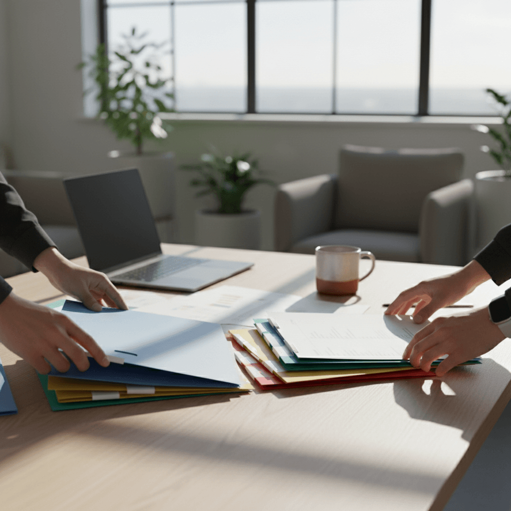 Hands organizing color-coded policy documents on a modern desk